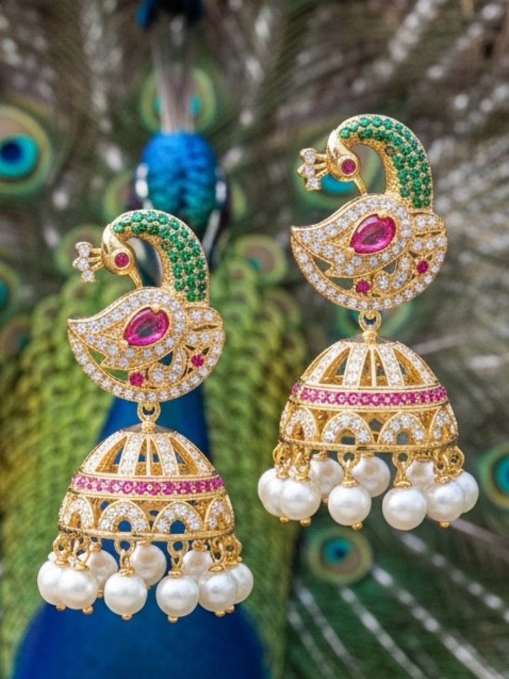 Gold and Pink Chandelier Earrings with Peacock Design